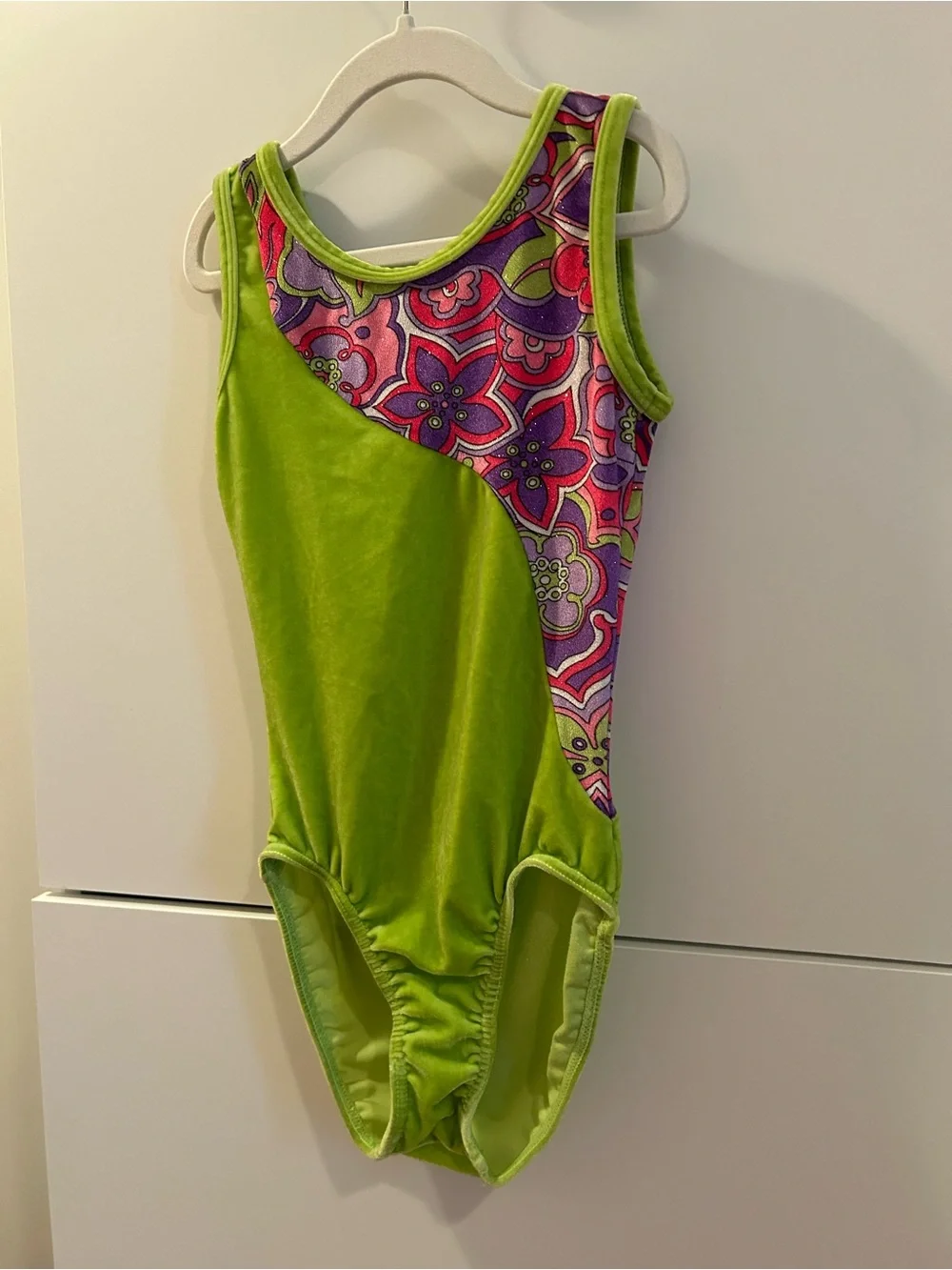 Mondor Girls' Lime Green Floral Panel Dance or Gymnastics Leotard - 10/12